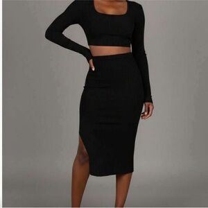 Elegant Black Ribbed Skirt and crop top